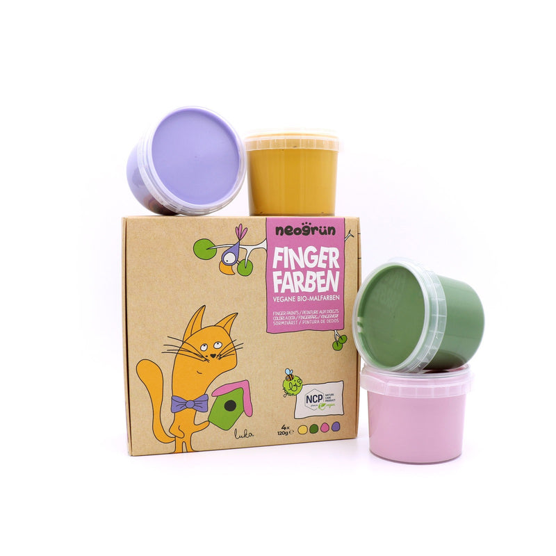 Set colori a dita bio Neogrün 4x120g – Giallo, Verde, Rosa, Viola