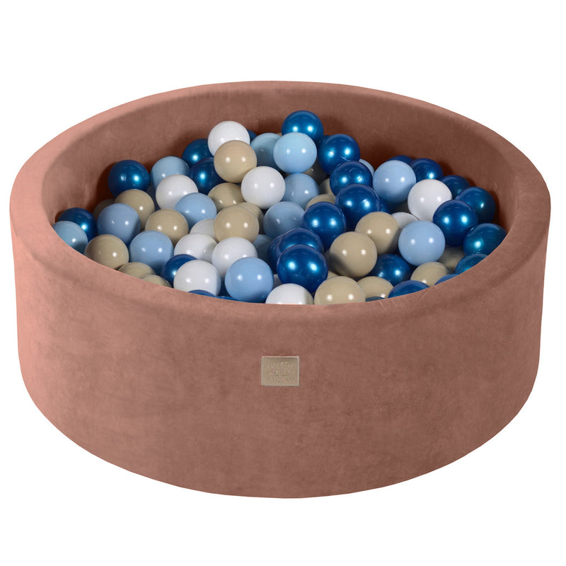 Piscina di palline rotonda con 200 palline Blu/Bianche/Beige, 90x30 cm - Velluto Beige